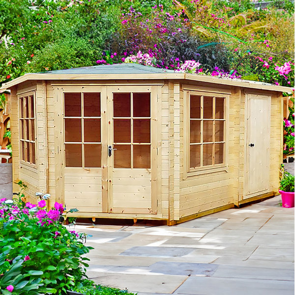 Shire GB Pohlman 14 x 10 Ft. Corner Log Cabin with Side Shed Wayfair